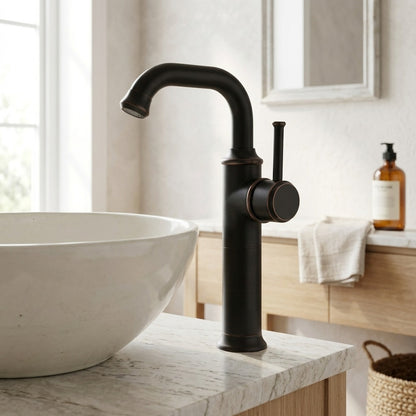Lagomel single-hole bathroom faucet in antique brass, matte black, set in a Vintage/Retro/Contemporary bathroom