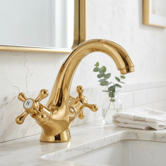 Lagomel single-hole bathroom faucet in polished gold, chrome, matte black, antique brass, satin brass, two-tone /, set in a Vintage/Retro bathroom