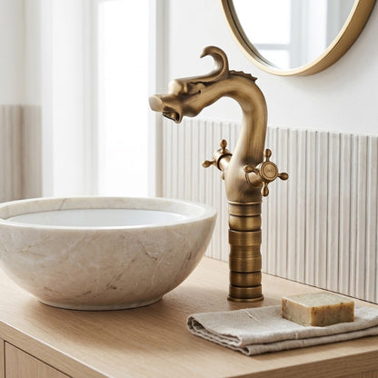 Lagomel single-hole vessel sink faucet in antique brass, matte black, polished gold, two-tone / mixed finish, set in a Traditional/Classic/Vintage/Retro bathroom
