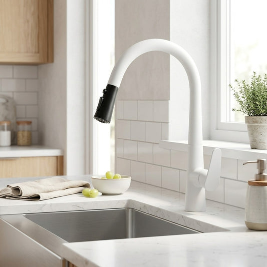 Lagomel single-hole single-handle pull-down kitchen faucet in matte black, chrome, brushed nickel, gunmetal, matte white, set in a Modern/Contemporary/Minimalist kitchen