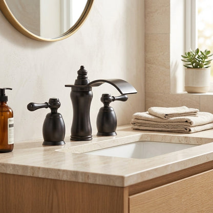 Lagomel waterfall widespread bathroom faucet in chrome, brushed gold, brushed nickel, matte black, rose gold, set in a Traditional/Classic/Vintage/Retro bathroom