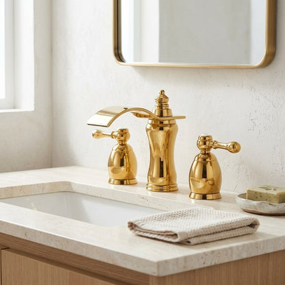 Lagomel waterfall widespread bathroom faucet, set in a Modern/Contemporary bathroom