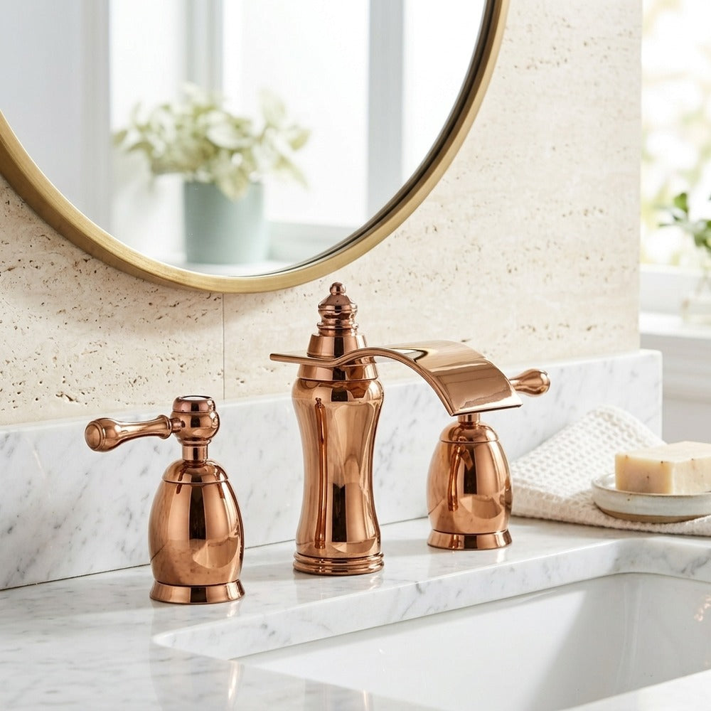 Lagomel waterfall widespread bathroom faucet, set in a Modern/Contemporary bathroom