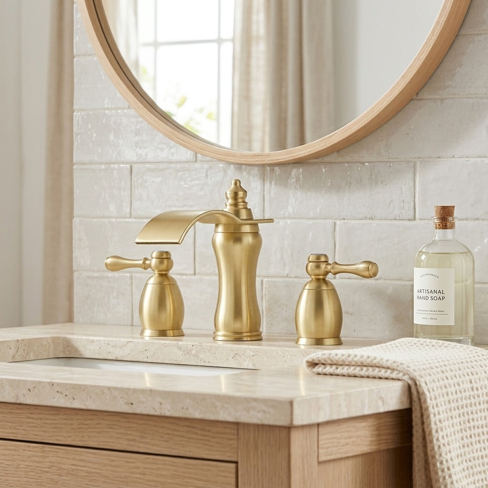 Lagomel waterfall widespread bathroom faucet, set in a Modern/Contemporary bathroom