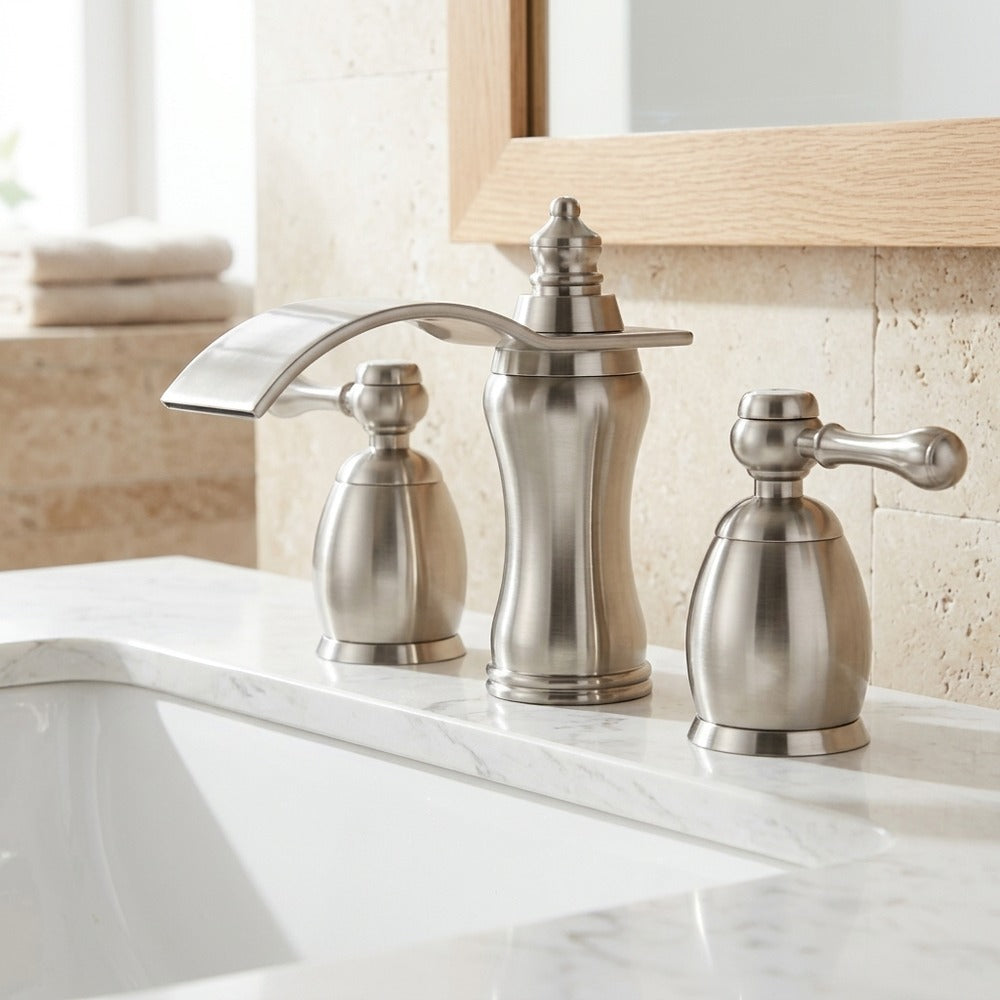 Lagomel waterfall widespread bathroom faucet, set in a Modern/Contemporary bathroom