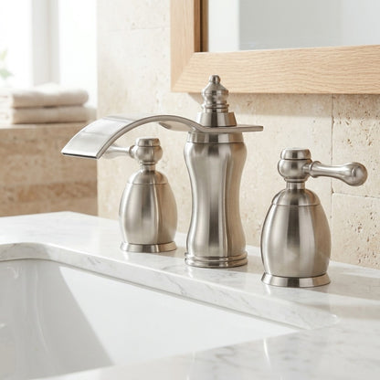 Lagomel waterfall widespread bathroom faucet, set in a Modern/Contemporary bathroom