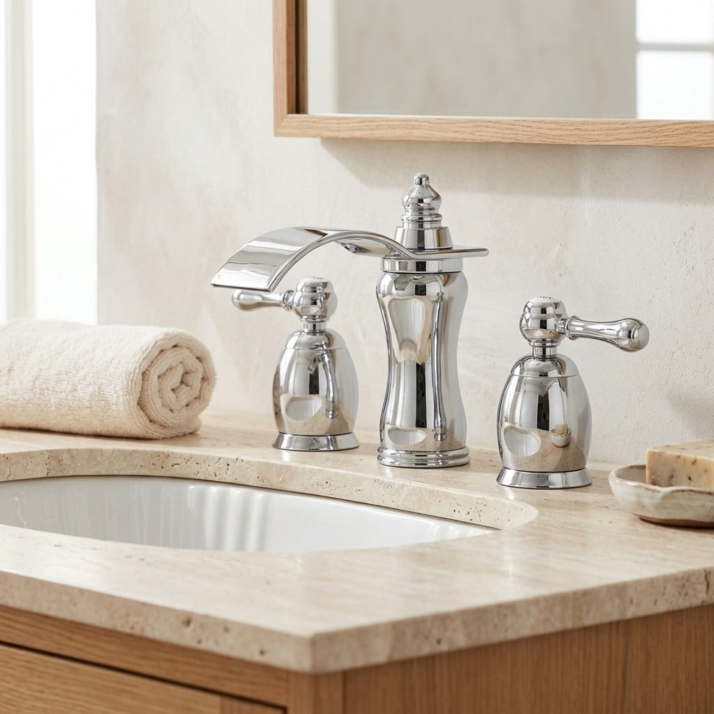 Lagomel waterfall widespread bathroom faucet, set in a Modern/Contemporary bathroom