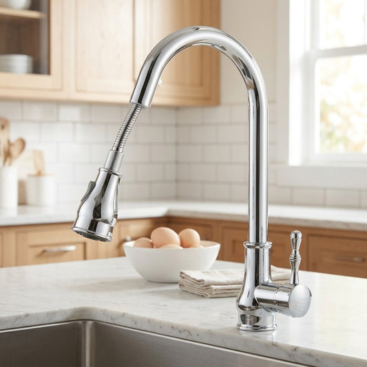 Lagomel single-handle pull-down kitchen faucet in chrome, matte black, polished gold, set in a Modern/Traditional/Classic kitchen