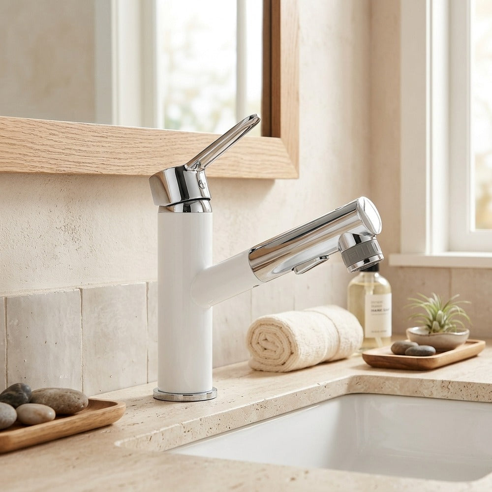Lagomel pull-out single-hole bathroom faucet in chrome, matte black, brushed gold, two-tone / mixed finish, set in a Modern/Contemporary bathroom