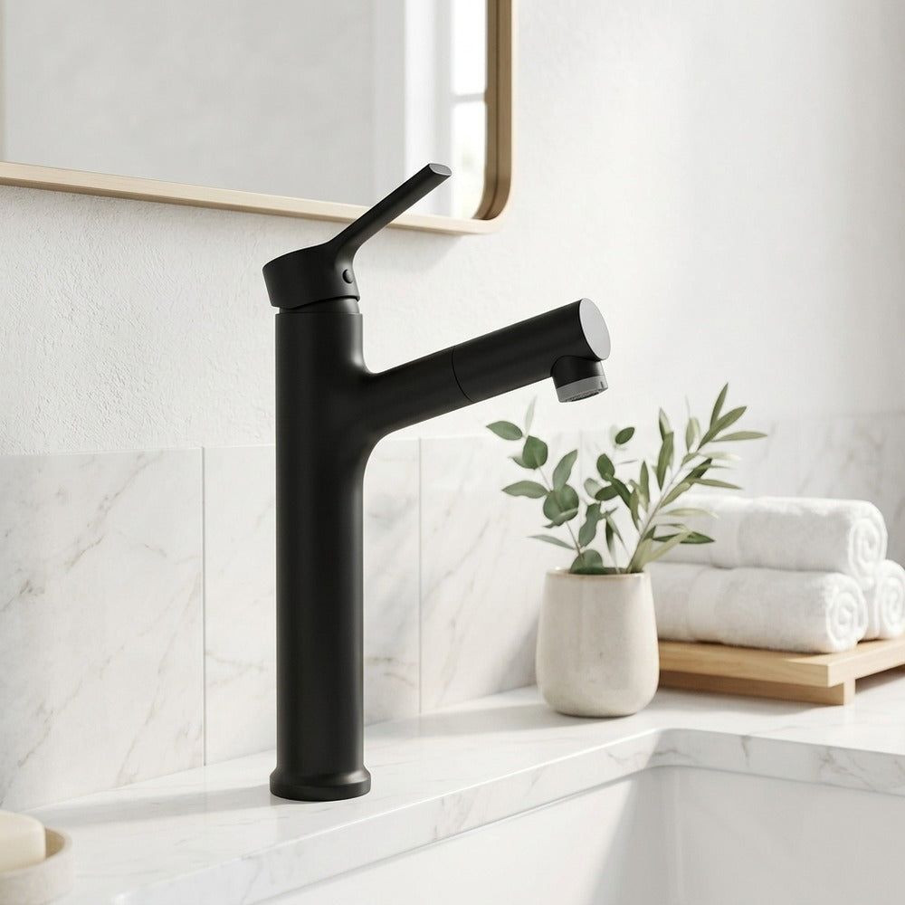 Lagomel single-hole pull-out vessel sink faucet in matte black, brushed gold, gunmetal, set in a Modern/Contemporary bathroom