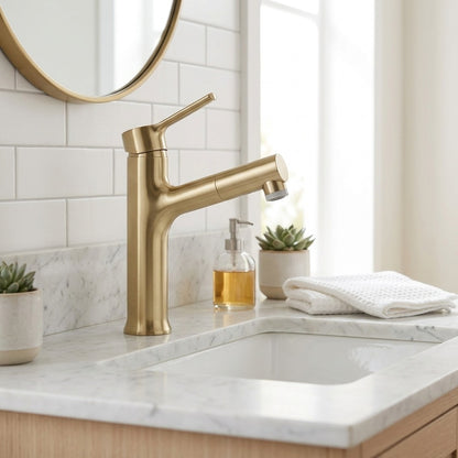 Lagomel single-hole pull-out vessel sink faucet, set in a Modern/Contemporary bathroom