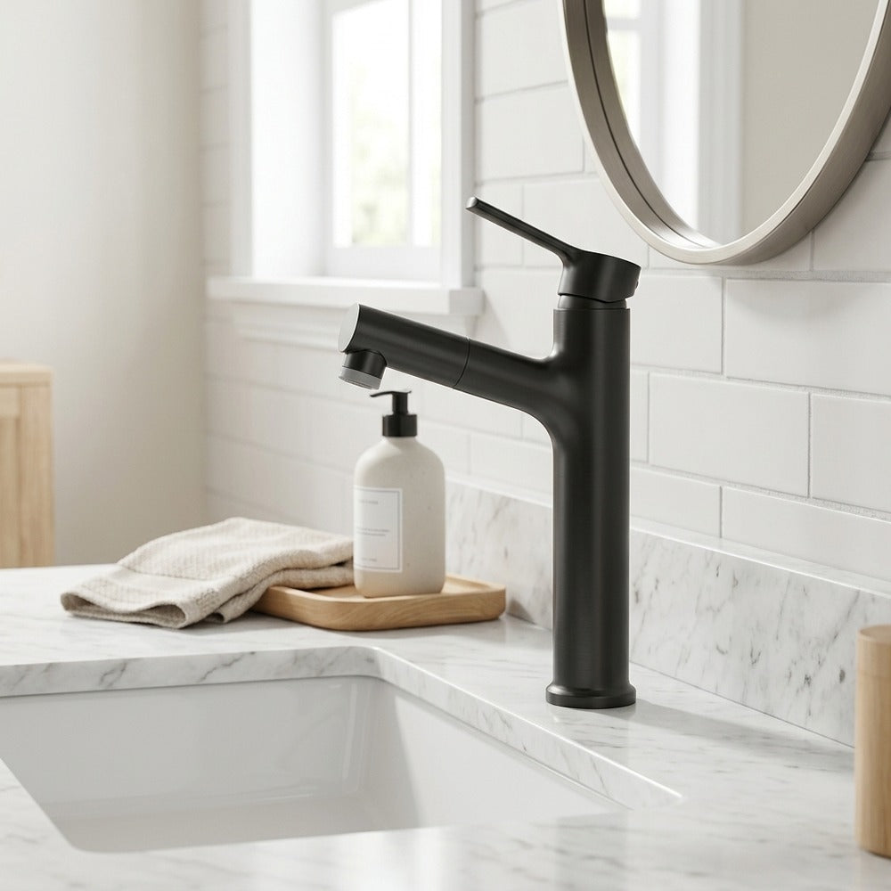 Lagomel single-hole pull-out vessel sink faucet, set in a Modern/Contemporary bathroom