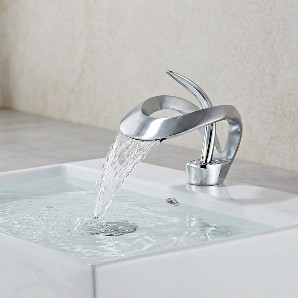 Lagomel vessel sink waterfall single-hole bathroom faucet in chrome, matte black, brushed gold, matte white, gunmetal, set in a Modern/Contemporary bathroom