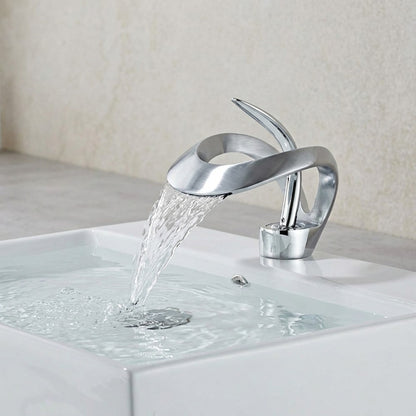 Lagomel vessel sink waterfall single-hole bathroom faucet in chrome, matte black, brushed gold, matte white, gunmetal, set in a Modern/Contemporary bathroom