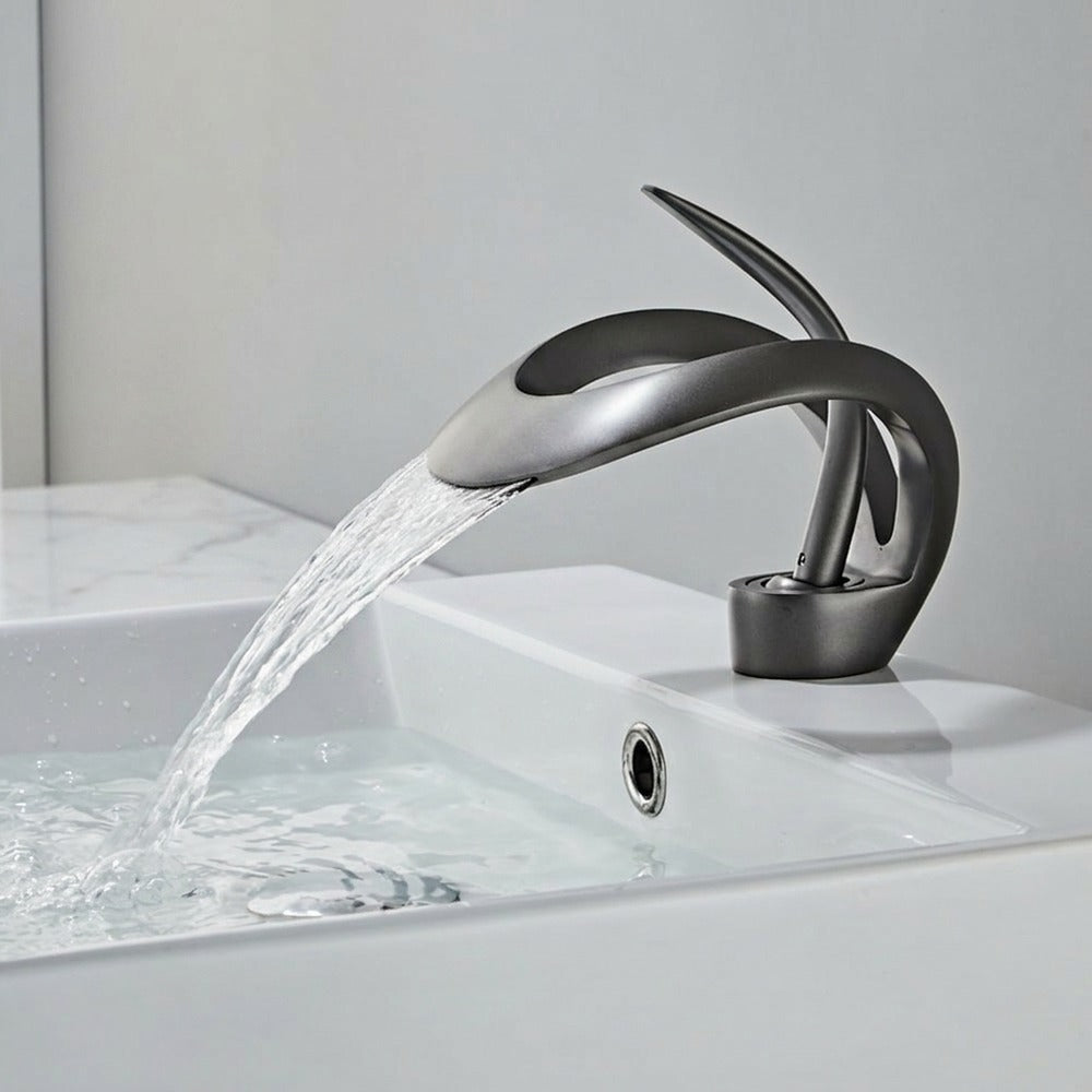 Lagomel vessel sink waterfall single-hole bathroom faucet, set in a Contemporary bathroom