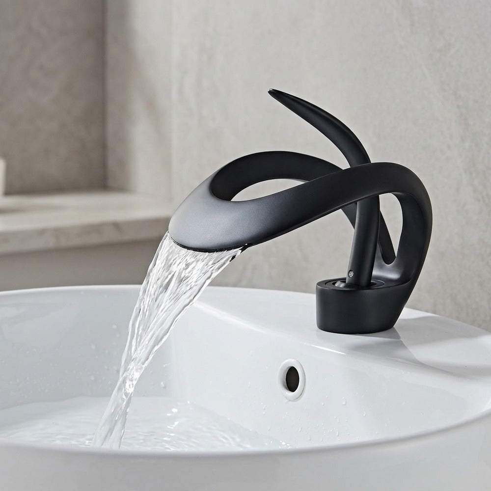 Lagomel vessel sink waterfall single-hole bathroom faucet, set in a Contemporary bathroom