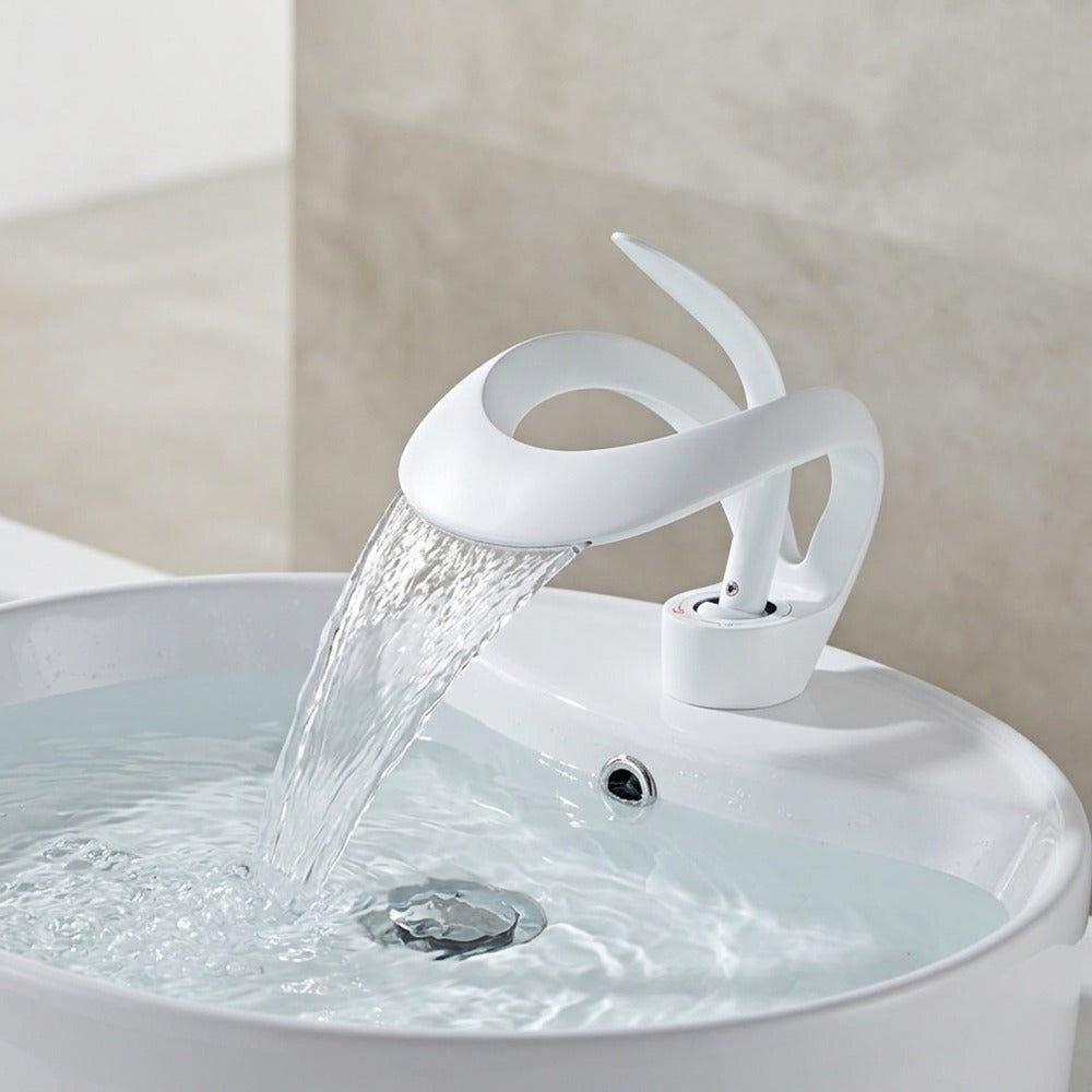 Lagomel vessel sink waterfall single-hole bathroom faucet, set in a Contemporary bathroom