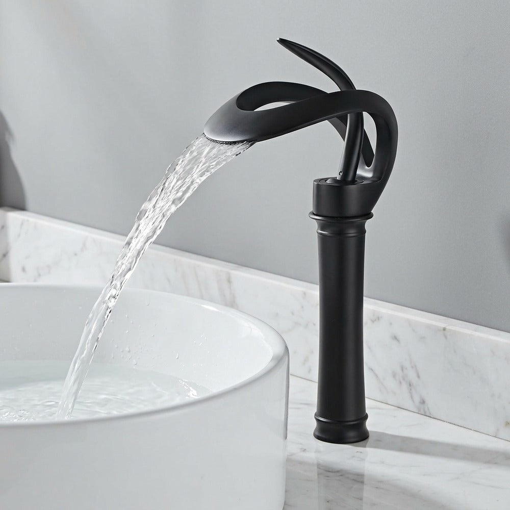 Lagomel vessel sink waterfall single-hole bathroom faucet, set in a Contemporary bathroom
