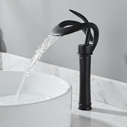 Lagomel vessel sink waterfall single-hole bathroom faucet, set in a Contemporary bathroom