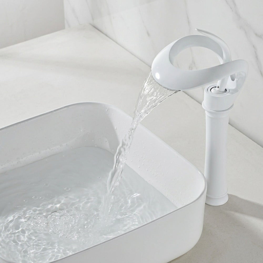 Lagomel vessel sink waterfall single-hole bathroom faucet, set in a Contemporary bathroom