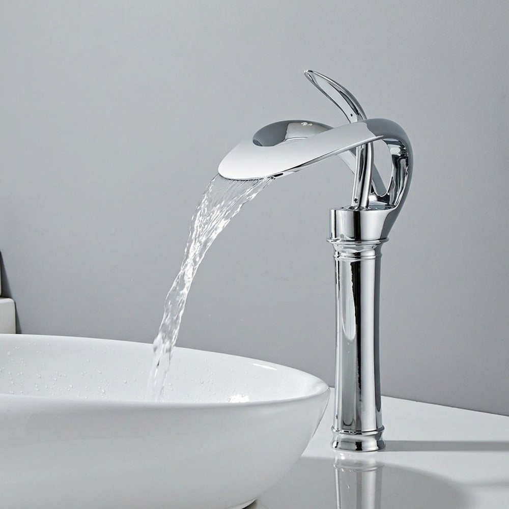 Lagomel vessel sink waterfall single-hole bathroom faucet, set in a Contemporary bathroom