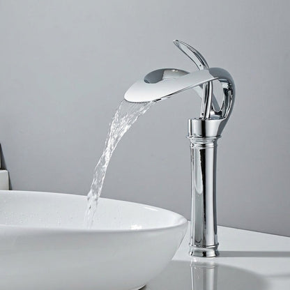 Lagomel vessel sink waterfall single-hole bathroom faucet, set in a Contemporary bathroom