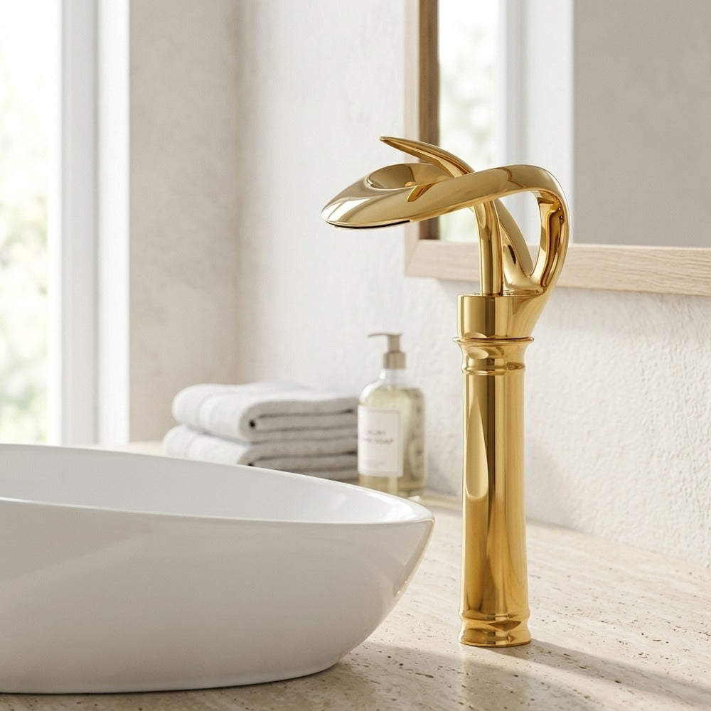 Lagomel vessel sink waterfall single-hole bathroom faucet, set in a Contemporary bathroom
