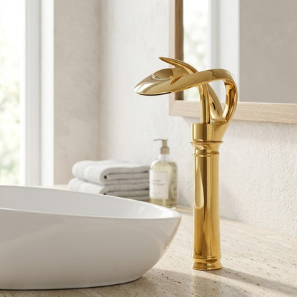 Lagomel vessel sink waterfall single-hole bathroom faucet, set in a Contemporary bathroom