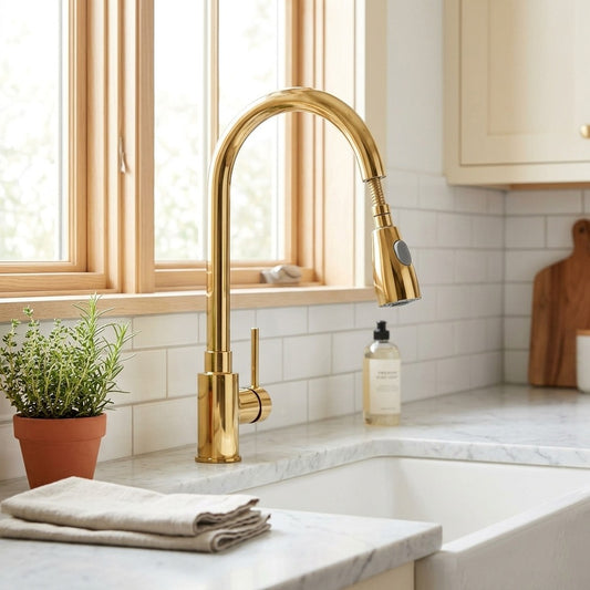 Lagomel single-hole single-handle pull-down kitchen faucet in polished gold, set in a Modern/Contemporary kitchen