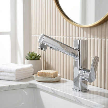 Lagomel pull-out single-hole bathroom faucet in chrome, matte black, brushed gold, gunmetal, set in a Modern/Contemporary/Minimalist bathroom