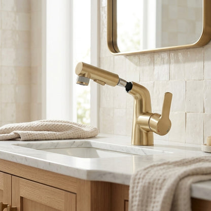 Lagomel pull-out single-hole bathroom faucet in brushed gold, chrome, matte black, gunmetal, set in a Modern/Contemporary bathroom