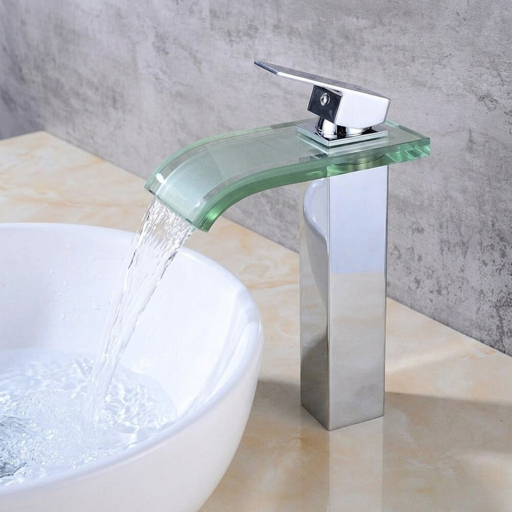 Lagomel single-hole waterfall vessel sink faucet in chrome, set in a Contemporary bathroom