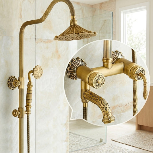 Lagomel wall-mounted tub and shower system in antique brass, brushed nickel, set in a Vintage/Retro/Traditional/Classic bathroom