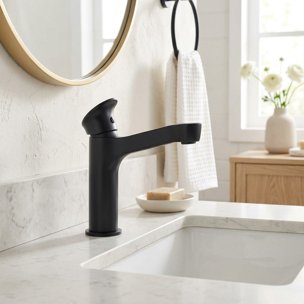 Lagomel waterfall single-hole bathroom faucet in matte black, matte white, gunmetal, chrome, brushed gold, set in a Modern/Minimalist/Contemporary bathroom