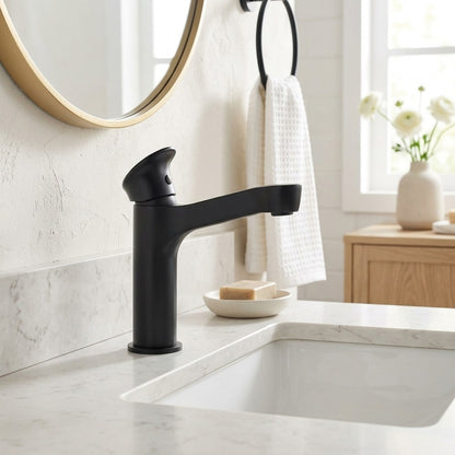 Lagomel waterfall single-hole bathroom faucet in matte black, matte white, gunmetal, chrome, brushed gold, set in a Modern/Minimalist/Contemporary bathroom