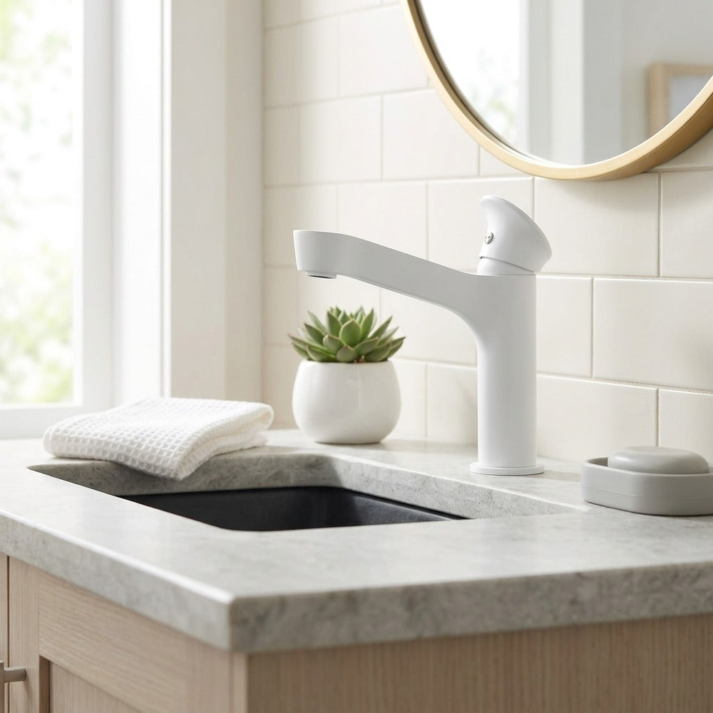 Lagomel waterfall single-hole bathroom faucet, set in a Modern/Minimalist bathroom