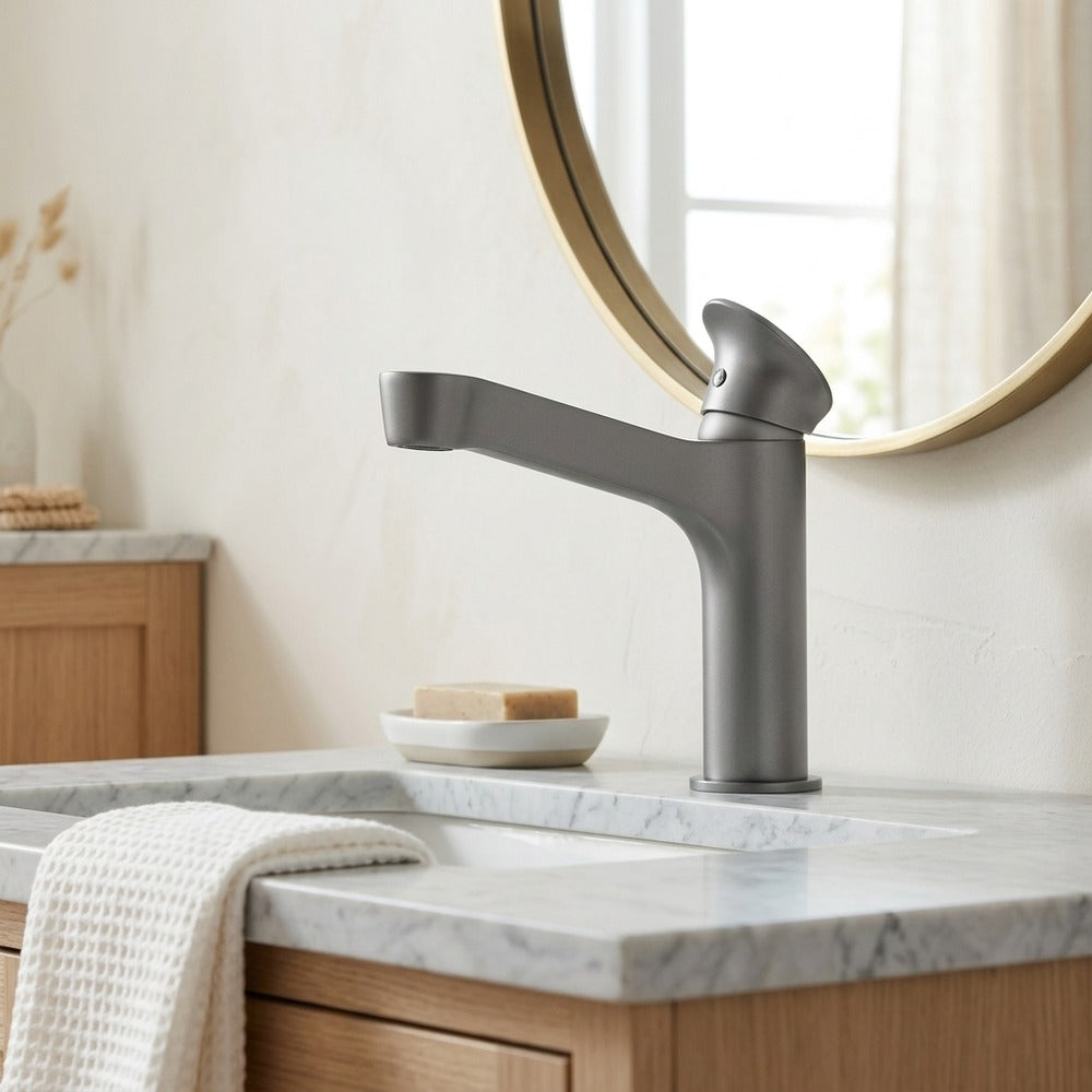 Lagomel waterfall single-hole bathroom faucet, set in a Modern/Minimalist bathroom