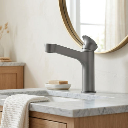 Lagomel waterfall single-hole bathroom faucet, set in a Modern/Minimalist bathroom
