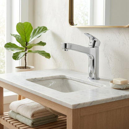 Lagomel waterfall single-hole bathroom faucet, set in a Modern/Minimalist bathroom