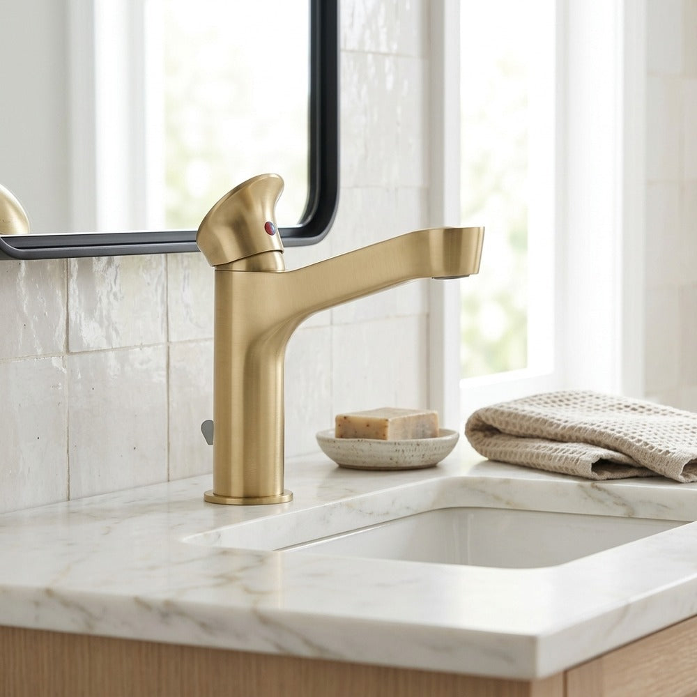 Lagomel waterfall single-hole bathroom faucet, set in a Modern/Minimalist bathroom