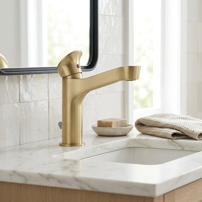 Lagomel waterfall single-hole bathroom faucet, set in a Modern/Minimalist bathroom