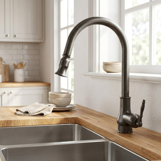 Lagomel single-handle pull-down kitchen faucet in gunmetal, set in a Vintage/Retro/Traditional/Classic kitchen