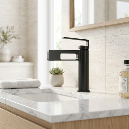 Lagomel waterfall single-hole bathroom faucet in brushed gold, chrome, gunmetal, matte black, matte white, set in a Modern/Contemporary bathroom
