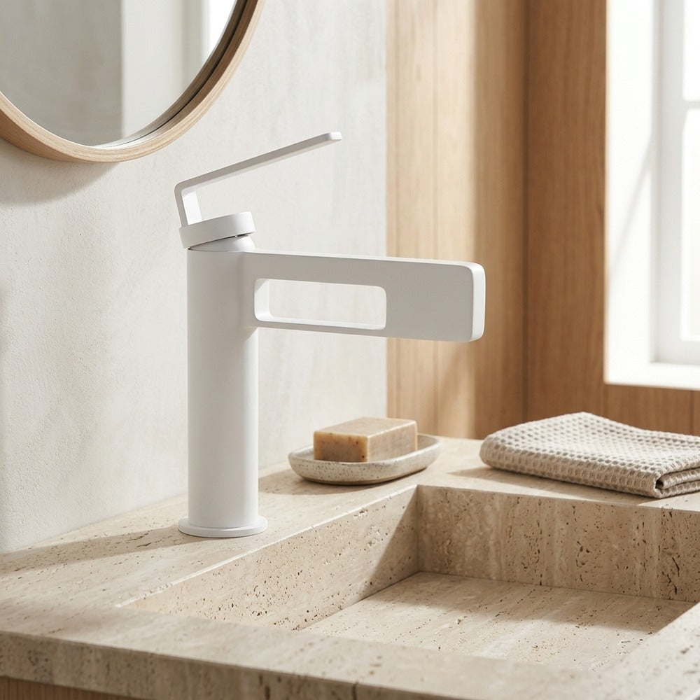 Lagomel waterfall single-hole bathroom faucet, set in a Modern/Minimalist bathroom