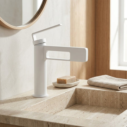 Lagomel waterfall single-hole bathroom faucet, set in a Modern/Minimalist bathroom