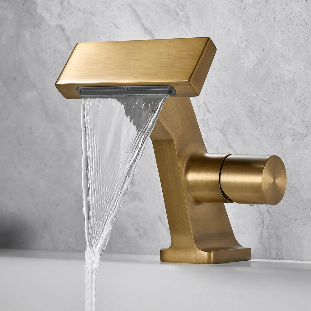 Waterfall Single-Hole Bathroom Faucet, Single-Handle Deck-Mount Faucet, Antique Brass / Brushed Gold / Chrome / Gunmetal / Matte Black / Matte White