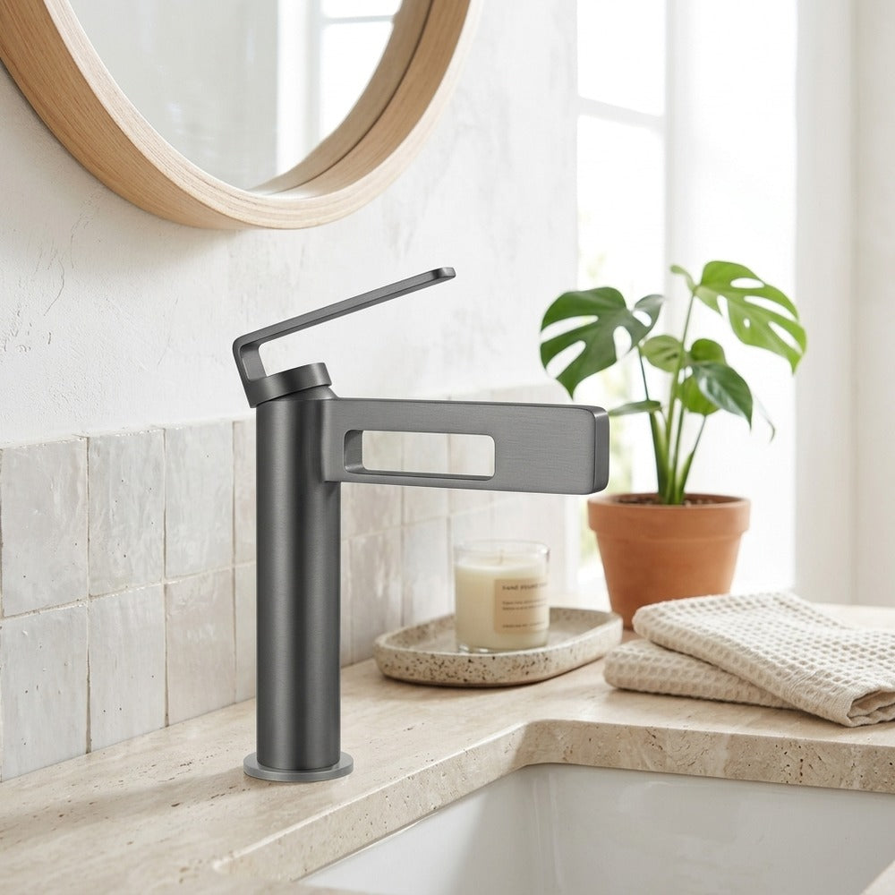 Lagomel waterfall single-hole bathroom faucet, set in a Modern/Minimalist bathroom
