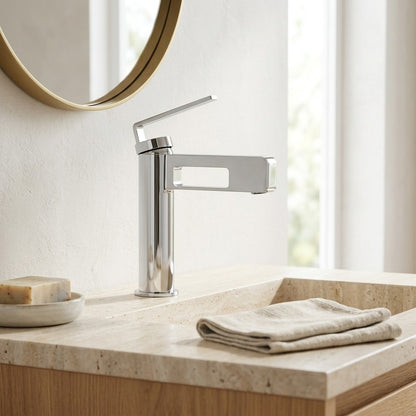 Lagomel waterfall single-hole bathroom faucet, set in a Modern/Minimalist bathroom