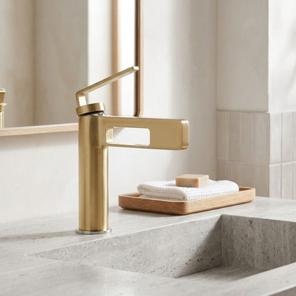 Lagomel waterfall single-hole bathroom faucet, set in a Modern/Minimalist bathroom