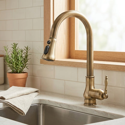 Lagomel single-handle pull-out kitchen faucet in antique brass, set in a Vintage/Retro kitchen